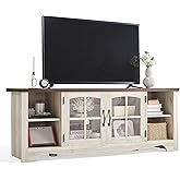 LINSY HOME Farmhouse TV Stand for 65 Inch TV, Wood Entertainment Center with Glass Door Storage Cabinet & Adjustable Shelves, Large Sturdy TV Console Table for Living Room Bedroom