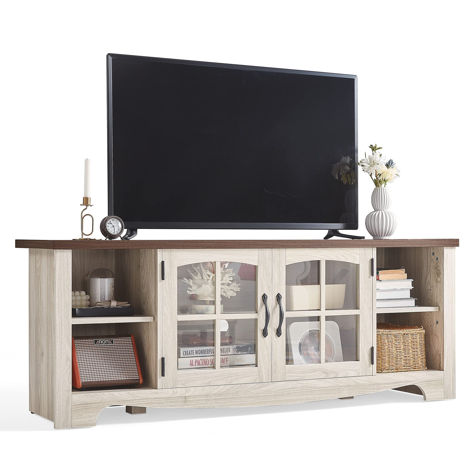 LINSY HOME Farmhouse TV Stand for 65 Inch TV, Wood Entertainment Center with Glass Door Storage Cabinet & Adjustable Shelves, Large Sturdy TV Console Table for Living Room Bedroom Image LINSY HOME Farmhouse TV Stand for 65 Inch TV, Wood Entertainment Center with Glass Door Storage Cabinet & Adjustable Shelves, Large Sturdy TV Console Table for Living Room Bedroom Image