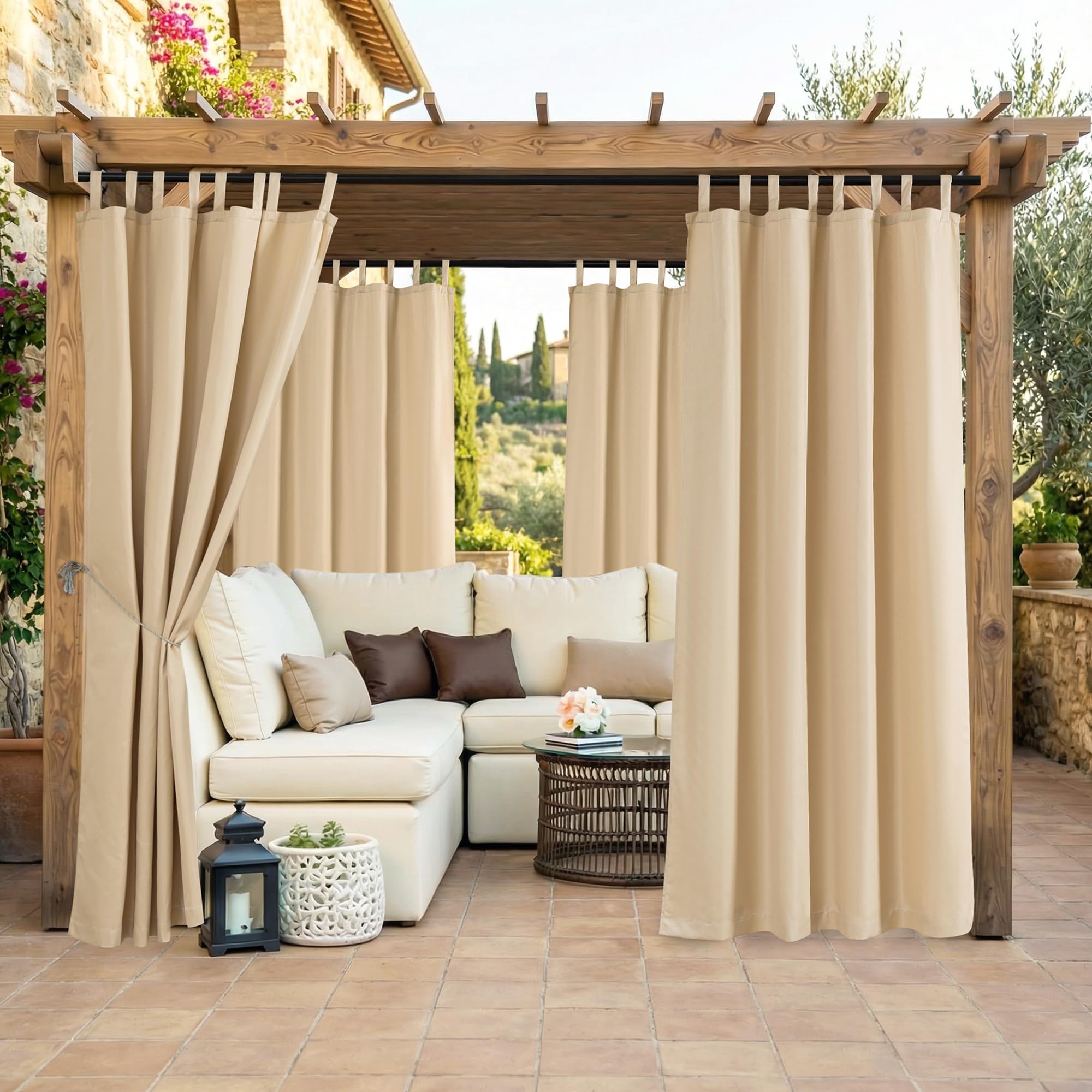 Outdoor Curtain Waterproof Detachable Top 52"x84"(132x215cm) Beige 1 Panel -With Tieback - Windproof UV Protection for Pergoda Gazebo Pergola - Really for outdoor use instead of shower curtain