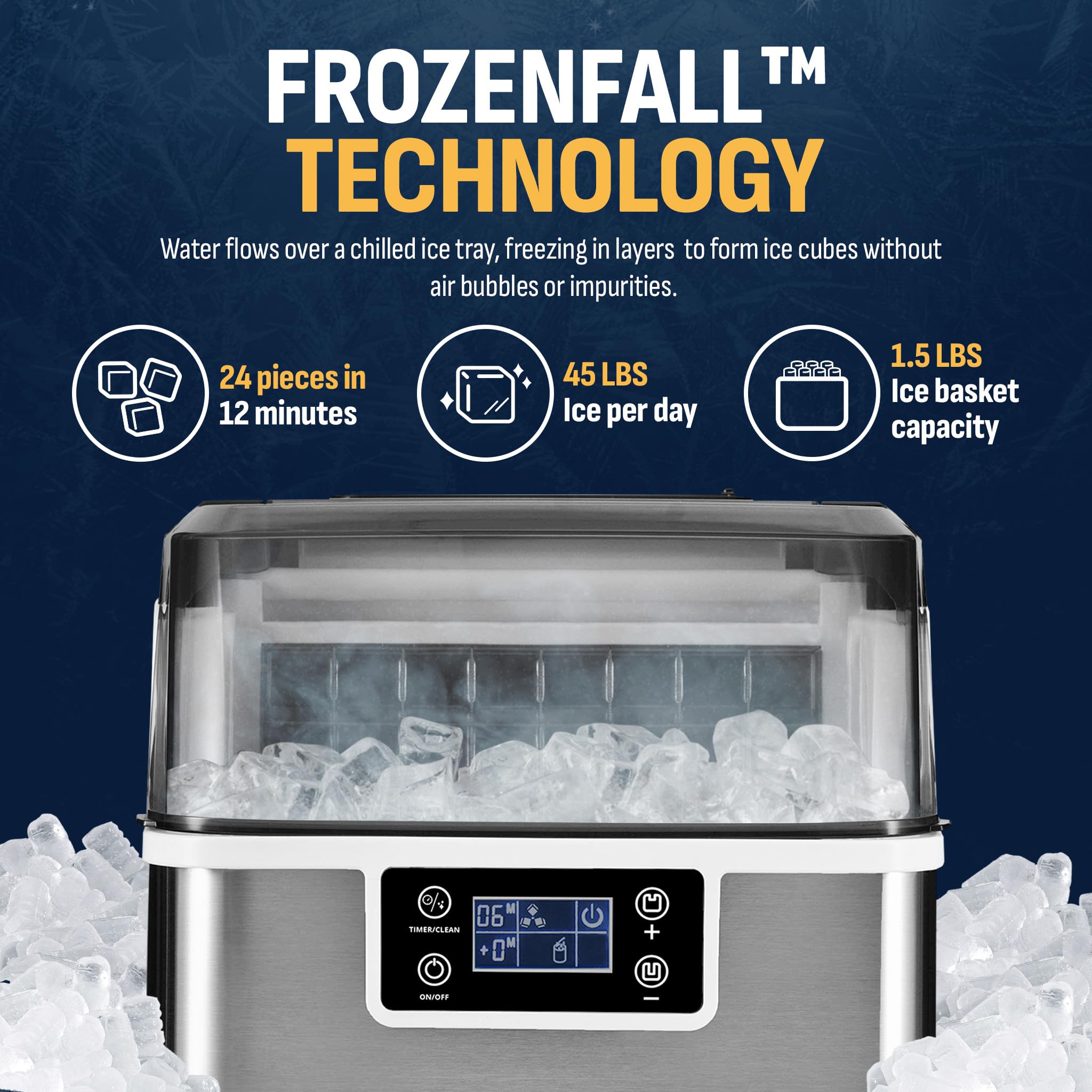 Newair Countertop Clear Ice Maker, 45lbs/Day Ice Cube Machine, Self-Cleaning Function and Custom Ice Thickness, Portable Ice Maker, 24H Timer, Ideal for Home Office and Outdoor Bar, Stainless Steel