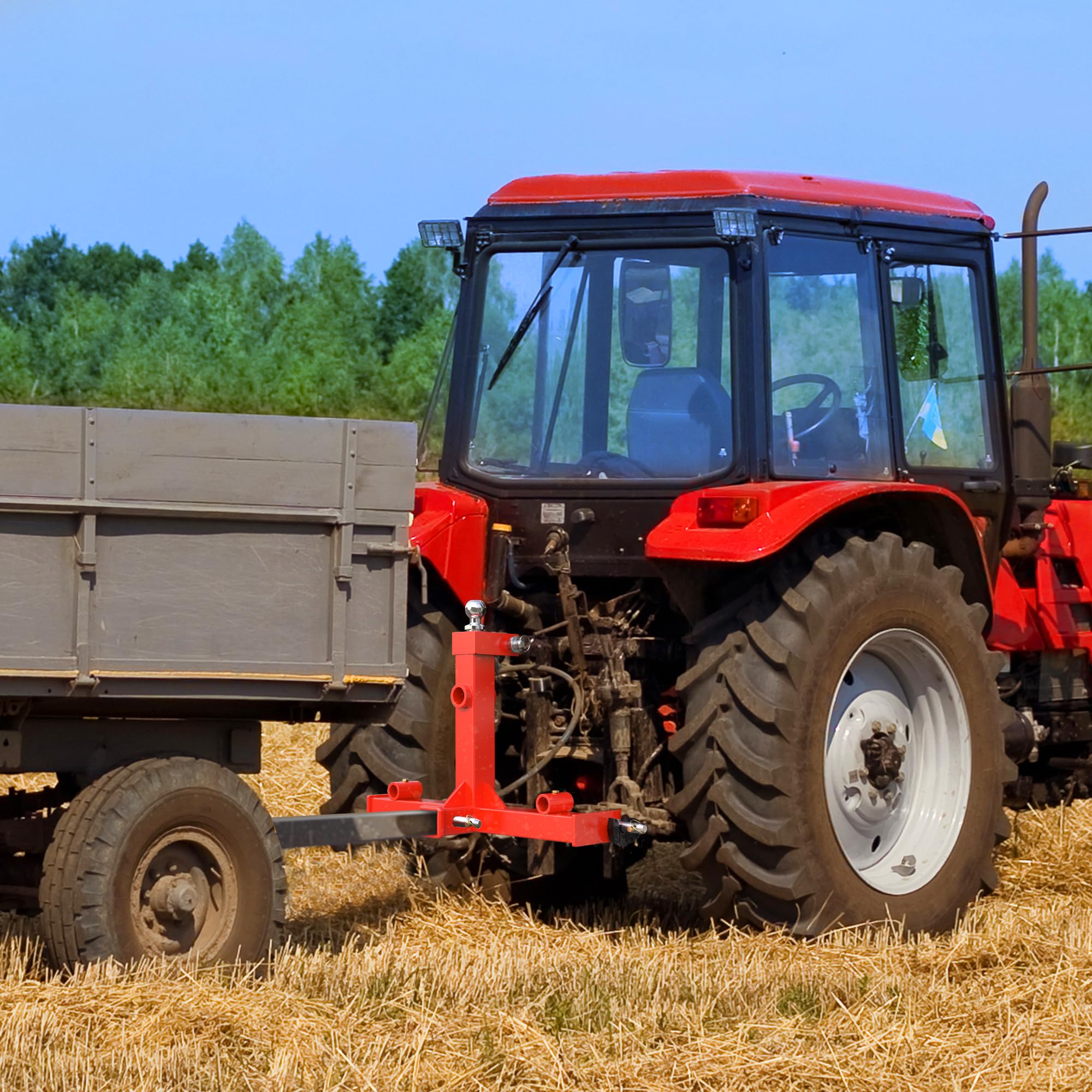 Photo 1 of **MINOR DAMAGE - USED - Missing Piece**
YINTATECH 49" 3 Point Hay Spear for Tractor Cat 1 with 2 Stabilizers Bale Spear & 2" Receiver with Trailer Ball Gooseneck Drawbar, Loading 3000lbs,Red