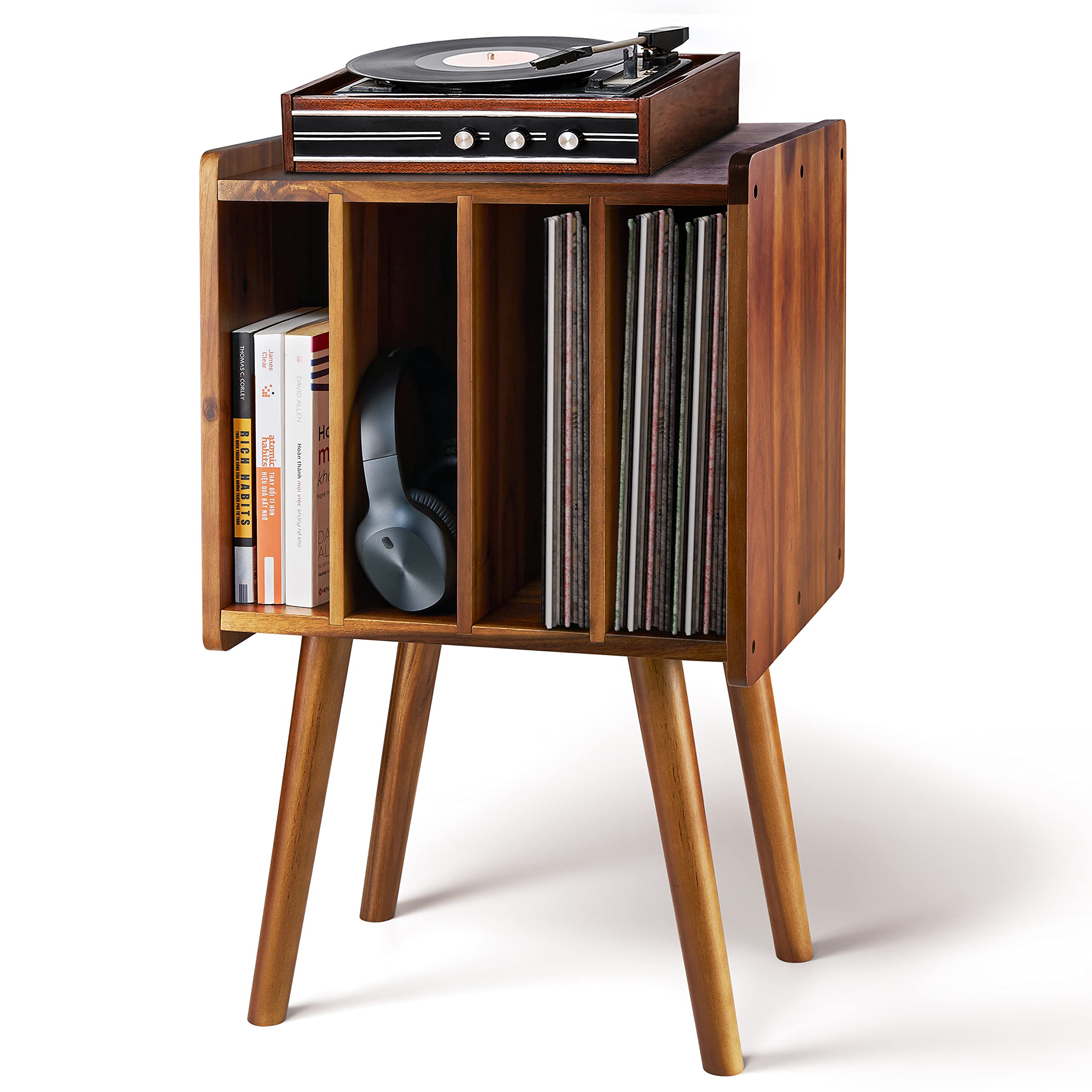 Photo 1 of 2BHOME Wooden LP Record Player Stand with 4 Cabinets, Holds up to 100 Vinyls, Metal Record Storage Holder and Organizer Table, Classical Design for Files/Book (Mid-Century Modern)