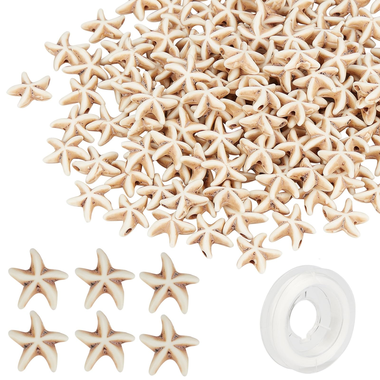 SUNNYCLUE 1 Box 160Pcs Starfish Turquoise Beads Ocean Starfish Charms Sea Animal Carved Spacer Beads with 11 Yard Elastic Thread for DIY Jewerlley Making Necklace Bracelet Earrings, Antique White