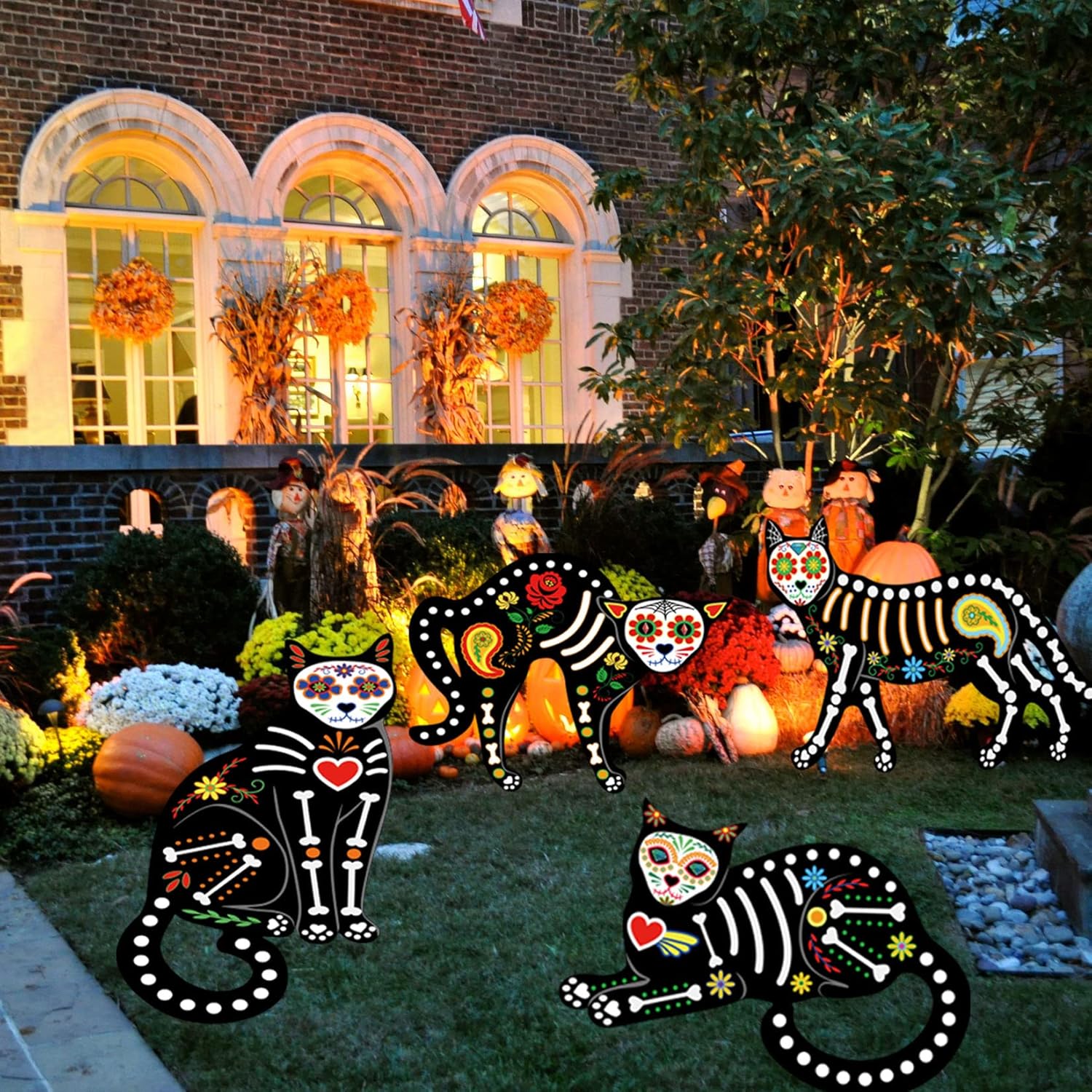 Yard Signs - 4Pcs Halloween Decorations Outdoor Fluorescence Skeleton Cat,Scary Creepy Sugar Skull Animals with Glow in the Dark- 16”x 14” Day of the Dead Silhouette Yard Sign with stakes(White Skeleton)