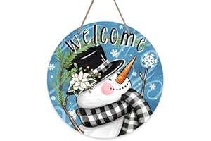 Deroro Welcome Winter Snowman Blue Front Door Sign, Buffalo Plaid Pine Branch Wood Door Hanger Outdoor Outside Porch Decor, Snowflake Christmas Holiday Wooden Wreath Indoor Wall Hanging Decoration
