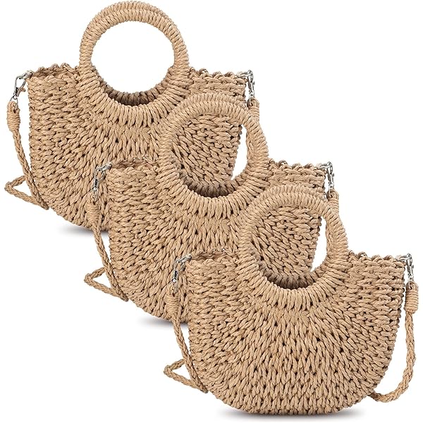Amazon.com: 8 Pcs Semi Circle Straw Bag Women Mini Rattan Beach 