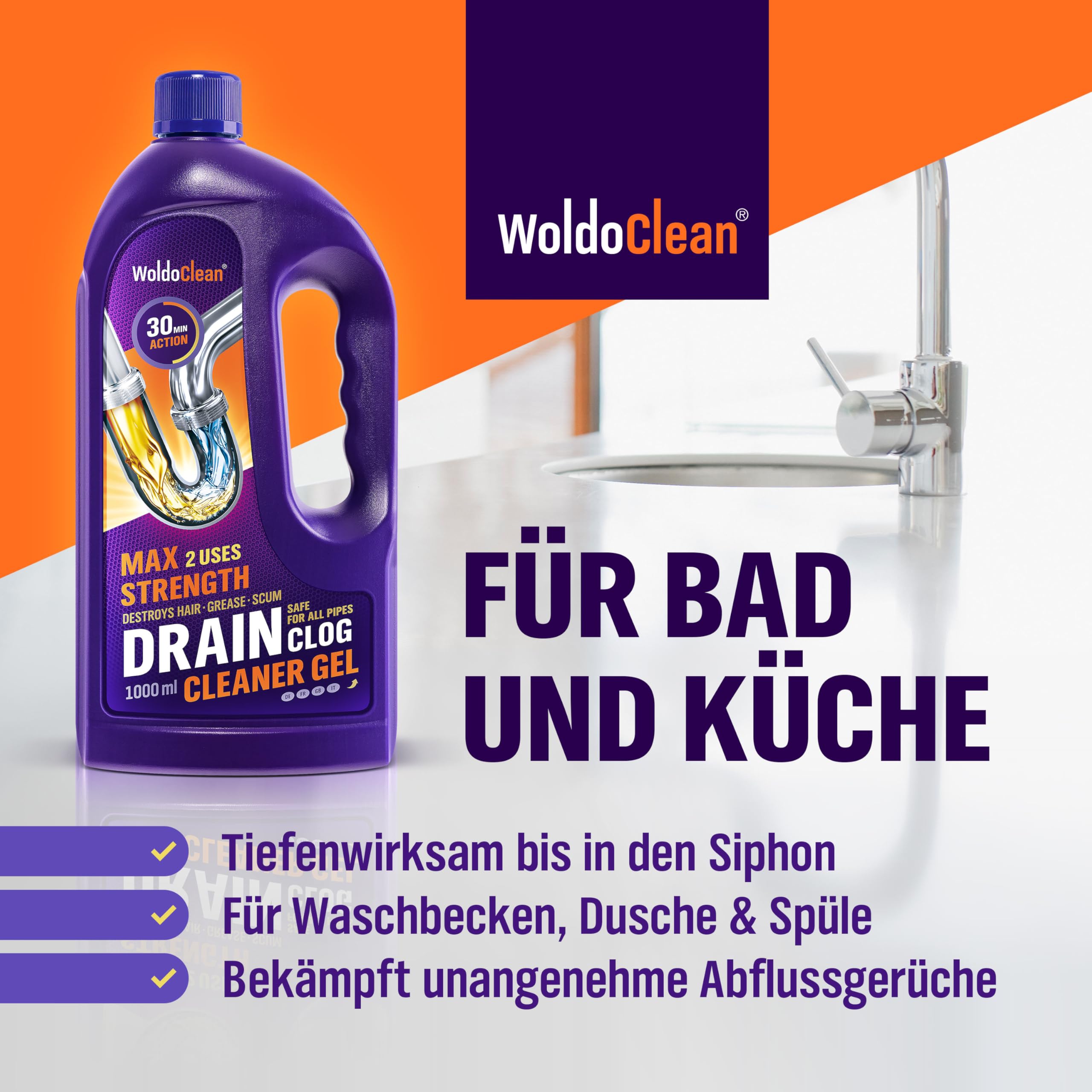 WoldoClean Rohrreiniger & Abflussreiniger Gel 1000ml extrem stark 6
