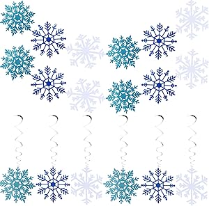 Outus 8 Pieces White Blue Glittery Snowflake Banner and Christmas Snowflake Hanging Swirl for Christmas Holidays Festive Party Supplies Home Decor, Kids Birthday Baby Shower Party Decorations