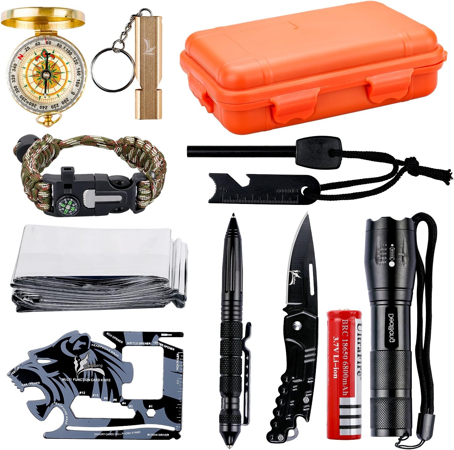 OUTDRSY Wildness Survival Gear Kit with 18-in-1 Versatile Tool Card/Military Flashlight/Paracord Bracelet/Emergency Blanket/Tactical Pen/Compass/Fire Starter/Metal Whistle for Hiking/Camping