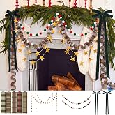 Wavyknot 300 Sheets Christmas Paper Garland Chain Kit Mantel Decor | Checkered Paper Chains Strips, Green Velvet Bow, Stars Garland, Pom Pom Banner for Fireplace Xmas Tree Party Decor DIY Crafts