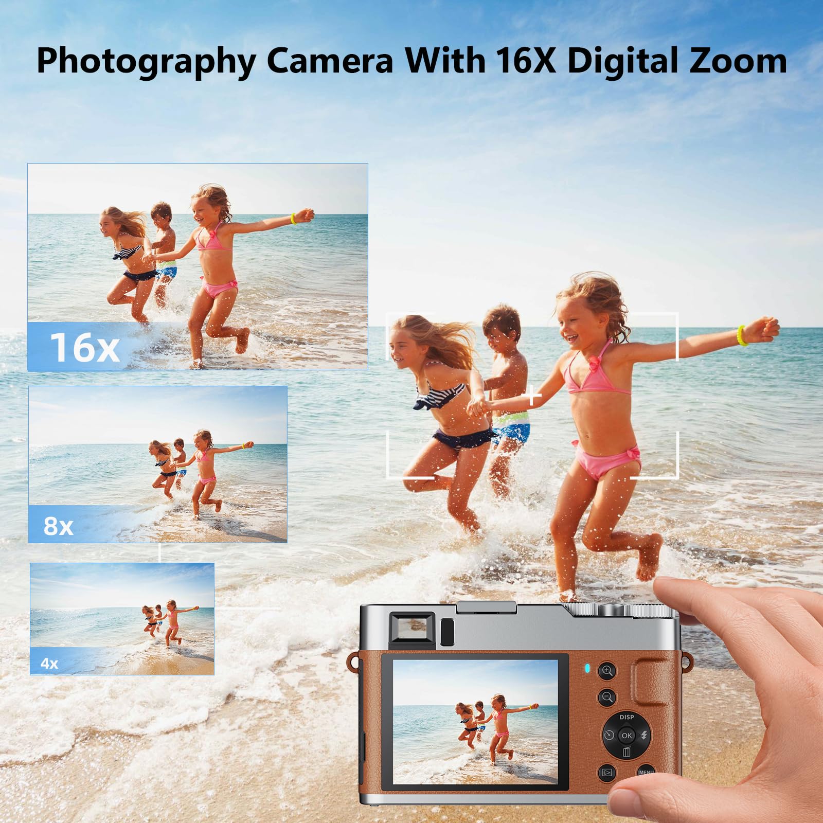 4K Digital Camera, Photography Autofocus 48MP YouTube Vlogging Camera, 16X Digital Zoom Video Camera Anti-Shake with 32GB Micro Card, Compact Point and Shoot Travel Cameras for Gifts(Brown)