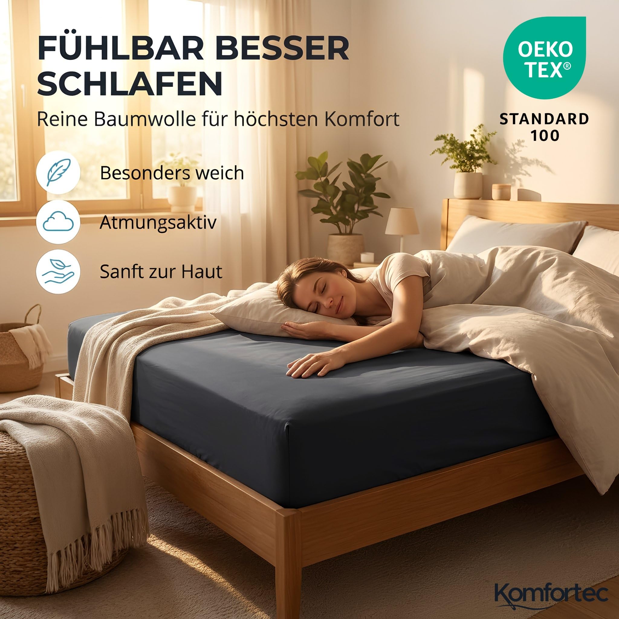 Komfortec Spannbettlaken Jersey 100% Baumwolle – 140x200 cm – 135g/m² – Weich, Atmungsaktiv & Hautfreundlich – Mit Rundumgummi – Oeko-Tex Zertifiziert – Für Boxspring, Topper & Matratzen – Anthrazit 4
