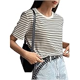 Floerns Women's Basic Striped Crewneck Short Sleeve Rib Knit Tops Tee Shirts