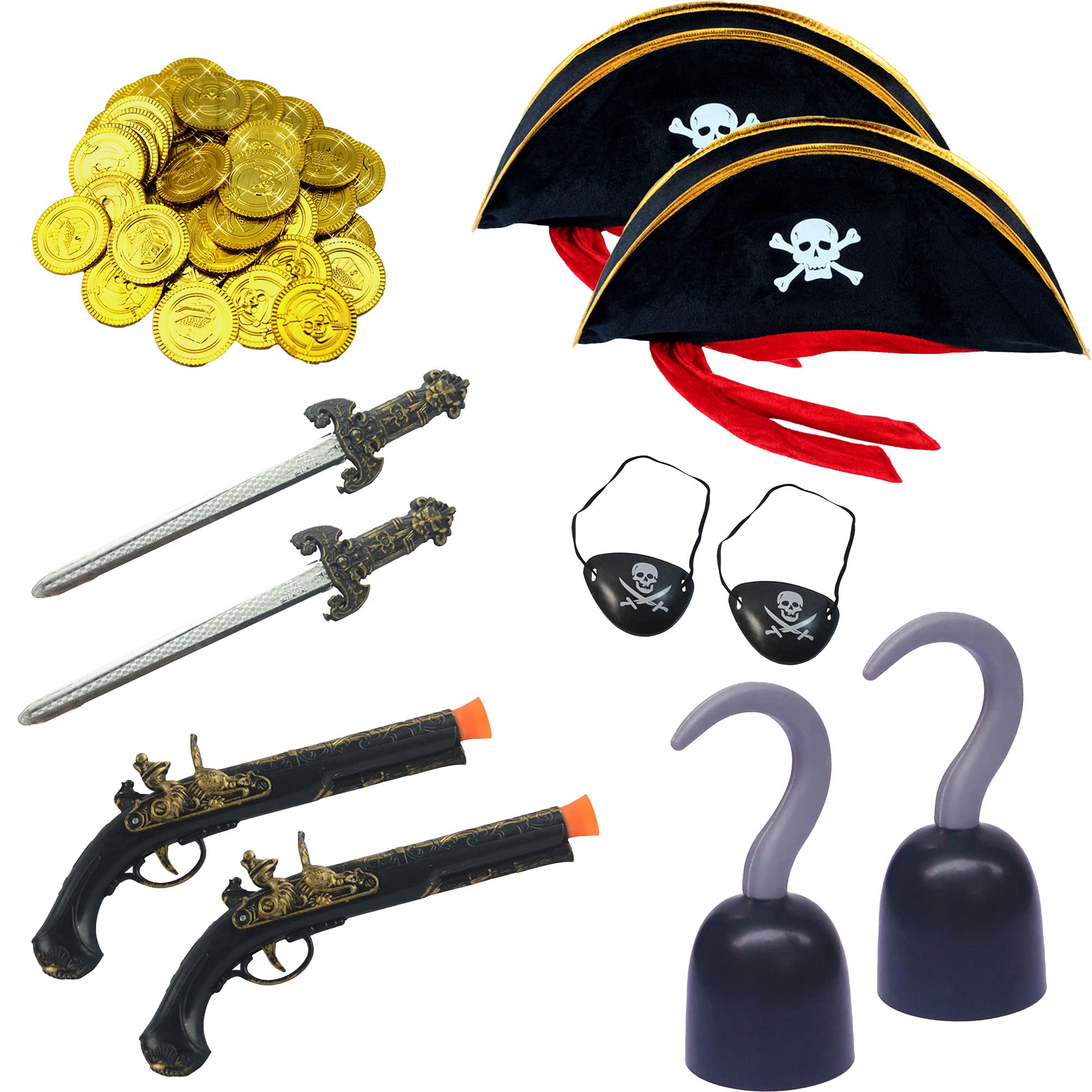 SGBETTER 34 Pieces Pirate Accessories Pirate Treasure Play Set Pirate Costume set with Pirate Hat Sword Eye Patch Coins for Halloween Decoration Pirate Theme Costume Party Supplies