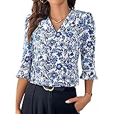 EVALESS Women's 3/4 Sleeve Tops Dressy Casual Pleated V Neck Business Work Blouses Office Shirts