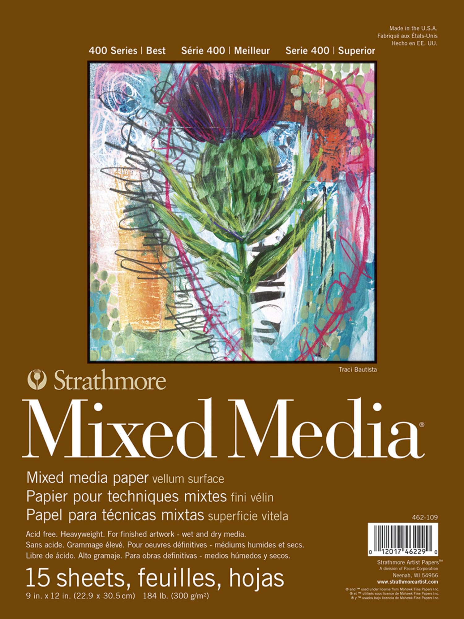 Strathmore 400 Mixed Media 300gsm Pads, 9x12in, 15 Sheets, Foldover Cover - Glued 1 side, For Professionals & Students