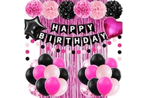 Pink and Black Birthday Party Decorations for Girls Women Happy Birthday Banner Black and Hot Pink Balloons Pom pom Flower Co