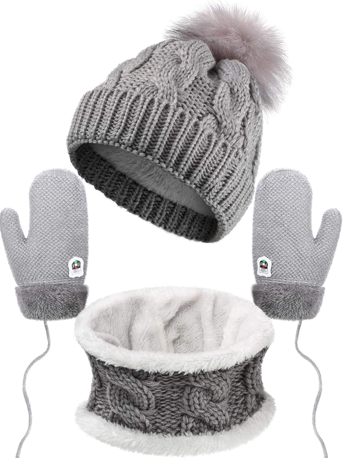 Winter Kids Hat Scarf Gloves Set Beanie Hat Thick Scarf Knit Mittens Warm Lining (Gray): Clothing