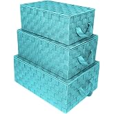 Sorbus Woven Storage Basket with Lid, Set of 3 (Aqua) | Handled mesh baskets with lids for closets, shelves and pantries; variety pack for home or office organization.