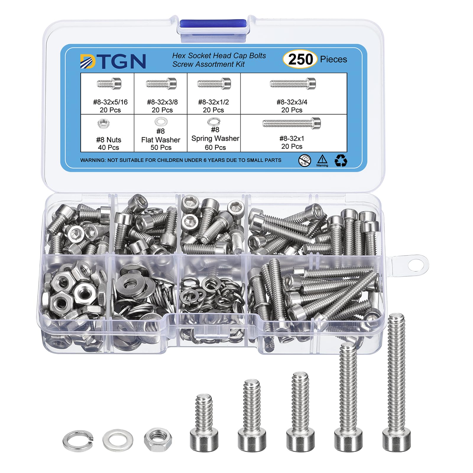 DTGN 250Pcs #8-32 Bolts and Nuts Kit, #8-32 Screw Assortment, 304 Stainless Steel 5/16" 3/8" 1/2" 3/4" 1" Hex Socket Head Cap Screws Bolt Set With Washers for 3D Printing DIY