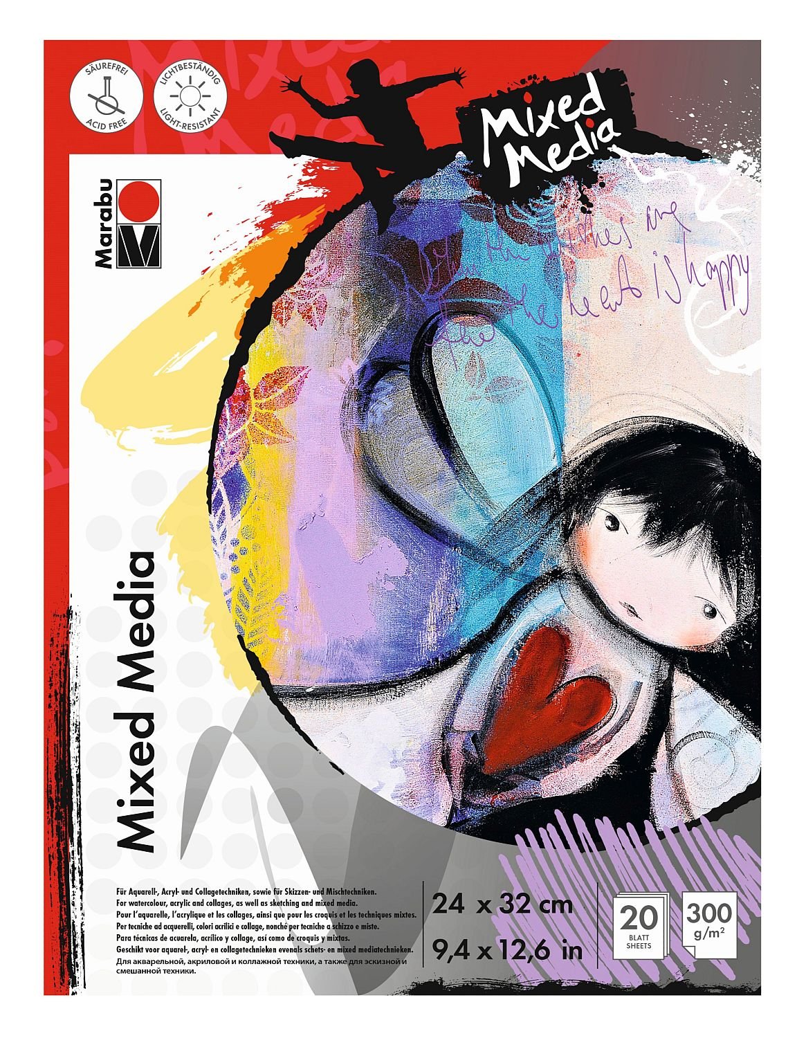 Marabu 1612000000074 - Mixed Media Colouring Pad, 300 g/m², 20 Sheets, 24 x 32 cm, Natural White, Finely Grained Paper, Matte, Acid-Free, for Watercolour and Acrylic Painting, Collage Technique,