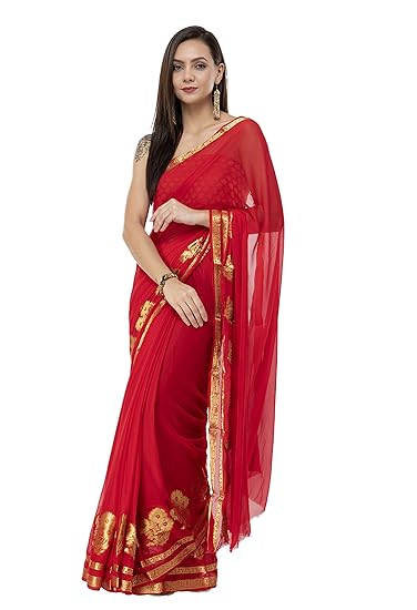 Women's Chiffon Jacquard Border Plain Solid Saree (Red)