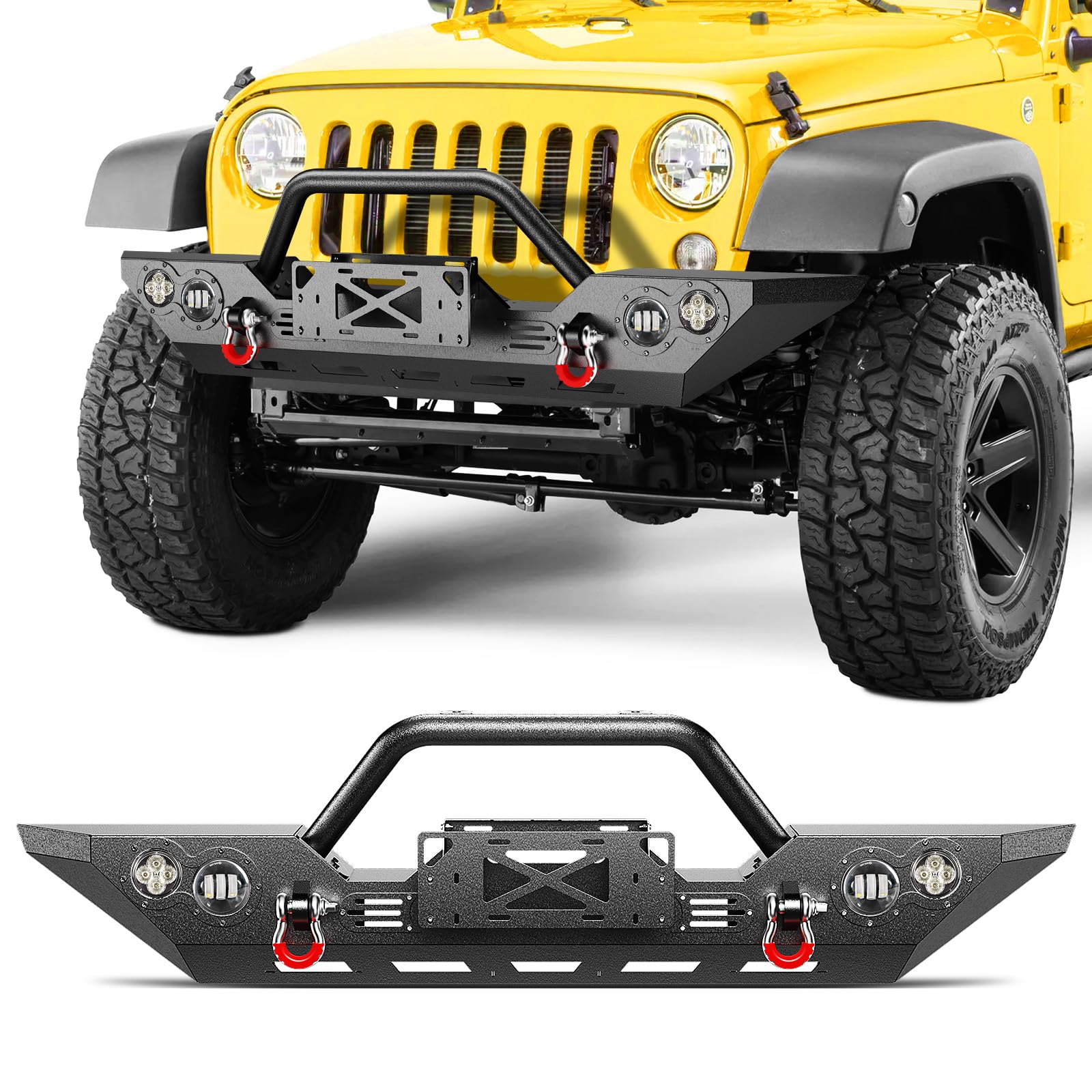 Photo 1 of **Factory Sealed** KYX Front Bumper Compatible for 2007-2018 Jeep Wrangler JK/JKU 2018-2024 JL/JLU 2020-2024 Gladiator JT, Gladiator Bumper with Winch Plate, 4X LED Lights, D-rings, Upgraded Off Road JK Front Bumpers