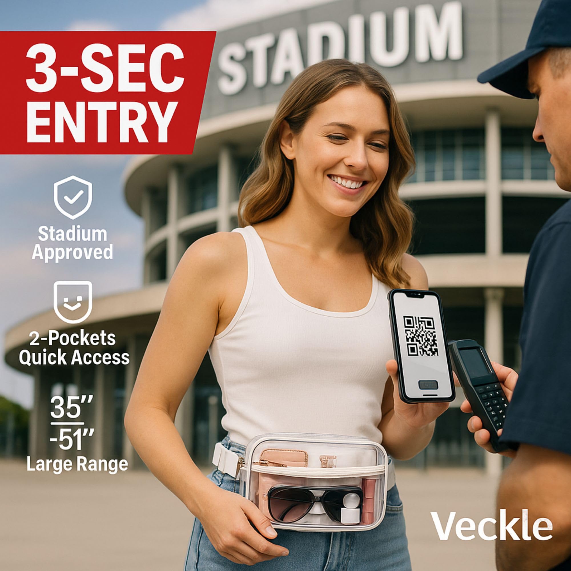 Veckle Clear Fanny Pack Stadium Approved - Clear Bag for Stadium Events Large Belt Bag for Women Transparent Waist Bag Crossbody with Adjustable Strap for Sports Concerts, White