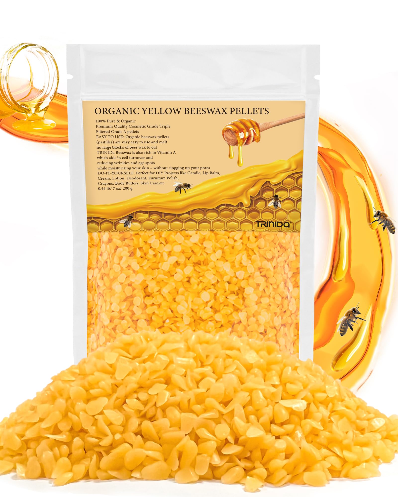 TRINIDa Beeswax Pellets 200g, Yellow Bees Wax for DIY Candles, Beeswax for Candle Making, Skin, Body, Face, and Hair Care, Lotions, DIY Creams, Lip Balm and Soap Making Supplies