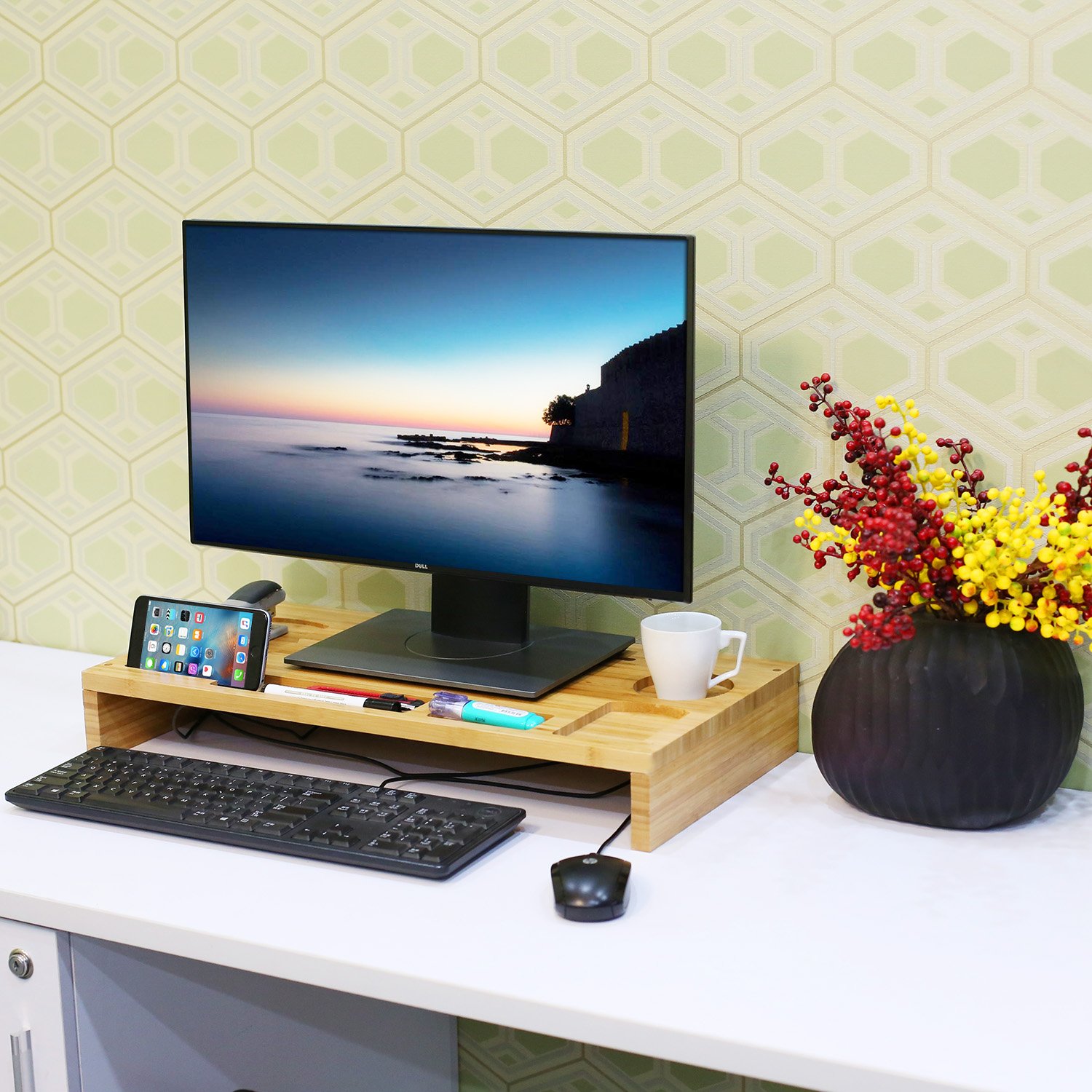 Bamboo Computer Monitor Stand Riser, Wooden Desk Organizer