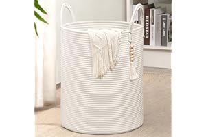 Goodpick White Laundry Basket with Handles, Tall Woven Laundry Hamper for Clothes, Towels, Pillows, Toys, Decorative Blanket Basket for Living Room, Bedroom, Playroom, 16 x 20 inches