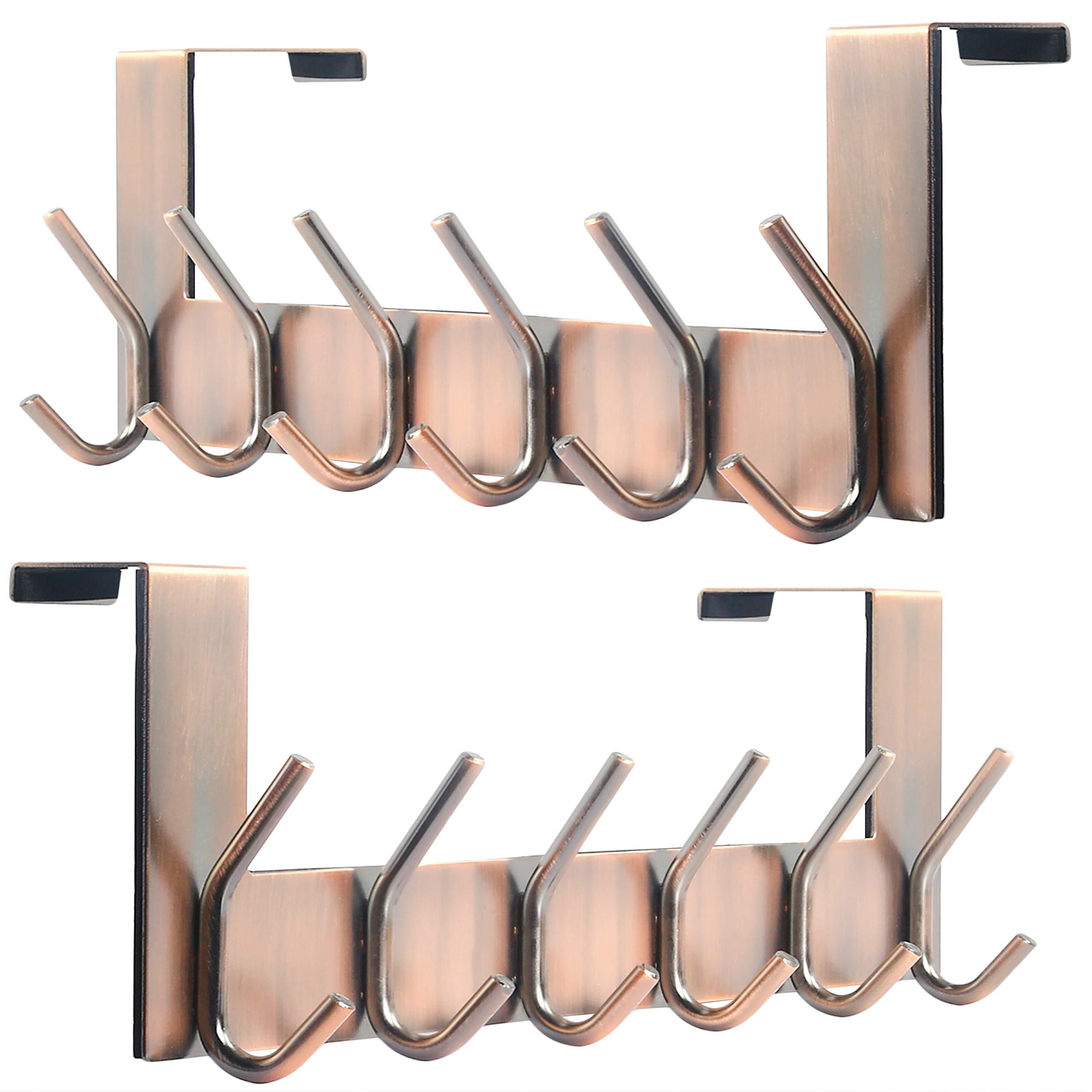 Dseap Over The Door Hook Hanger - 6 Hooks Over Door Coat Rack for Clothes Hat Towel, Antique Copper, 2 Packs