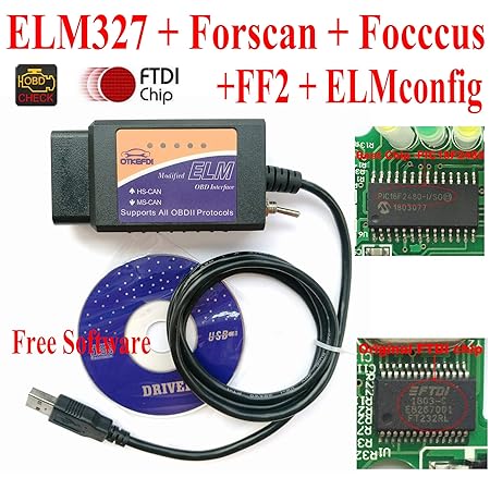 ELM327, Forscan ELM 327- HS-CAN and MS-CAN Modified ELM327 OBD Self Diagnostic Tool Compatible with Forscan Focccus ELMconfig FF2 Software for Focus Mondeo Kuga Edge Exploror F50 Taurus Everest Escort