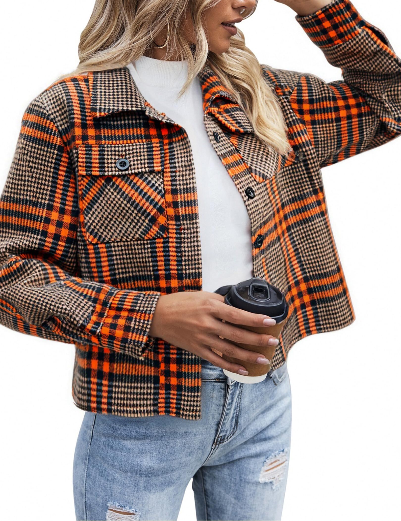 Photo 1 of Zeagoo Cropped Jacket Womens Flannel Wool Blend Plaid Button Houndstooth Shirt Fashion Winter Shacket Coat Tops MD