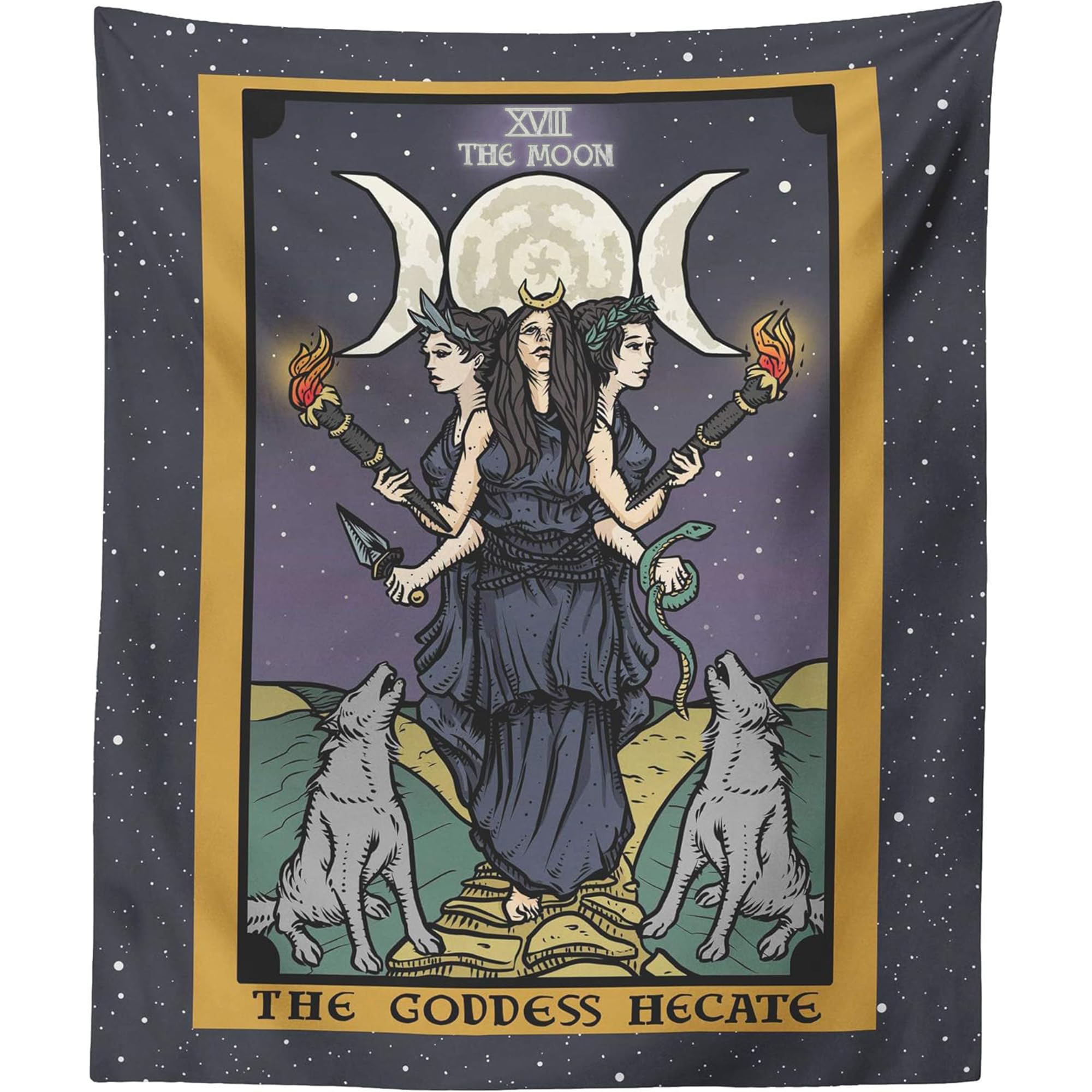 The Goddess Hecate Tarot Card Tapestry - Triple Moon Goddess of Witchcraft Hekate Wheel Pagan Witch Wall Hanging (60" x 50")