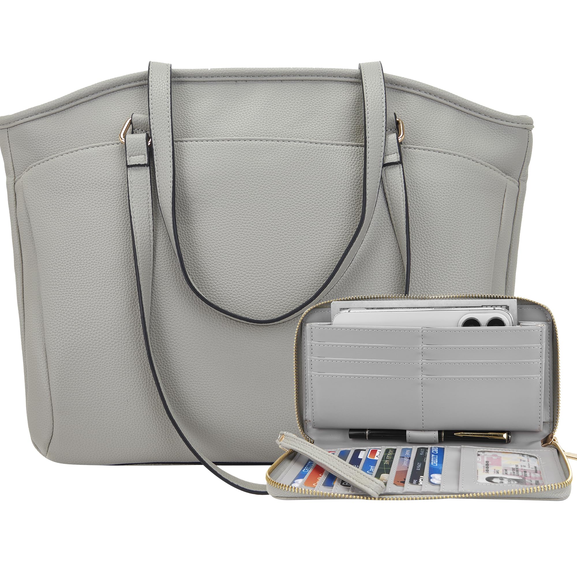 Photo 1 of YZAOLL 15.6 Inch Laptop Tote Bag for Women,Water-resistant Vegan Leather with Anti-Scratch Padded Sleeve,Lightweight Multi-Pocket Work Bag for Business Travel,College,Office Essentials,Grey
