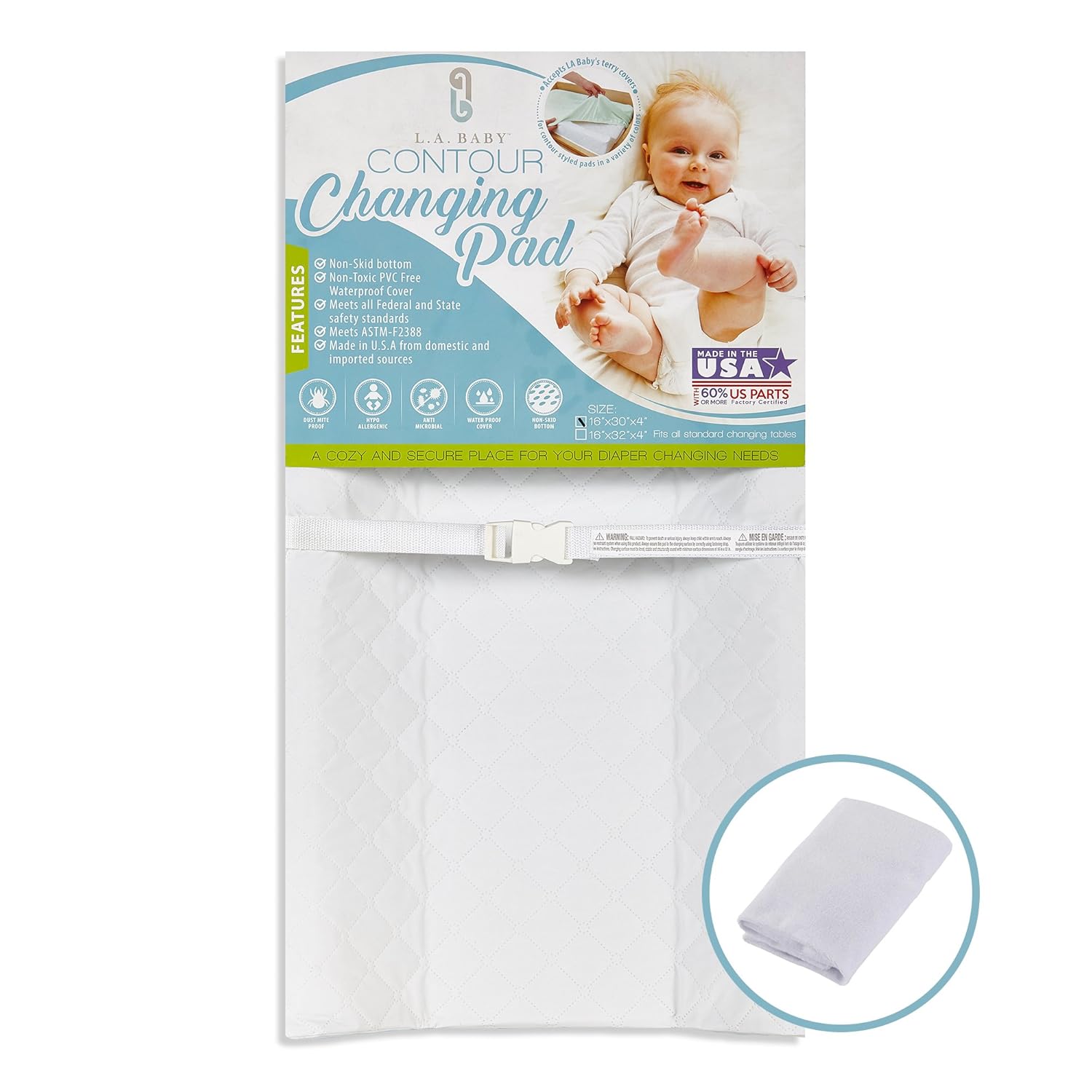 [Combo Pack]LA Baby Waterproof Contour Changing Pad 30" & White Terry Cover - Made in USA. Easy to Clean, Non-Skid Bottom, Safety Strap, Fits All Standard Changing Tables for Best Diaper Change