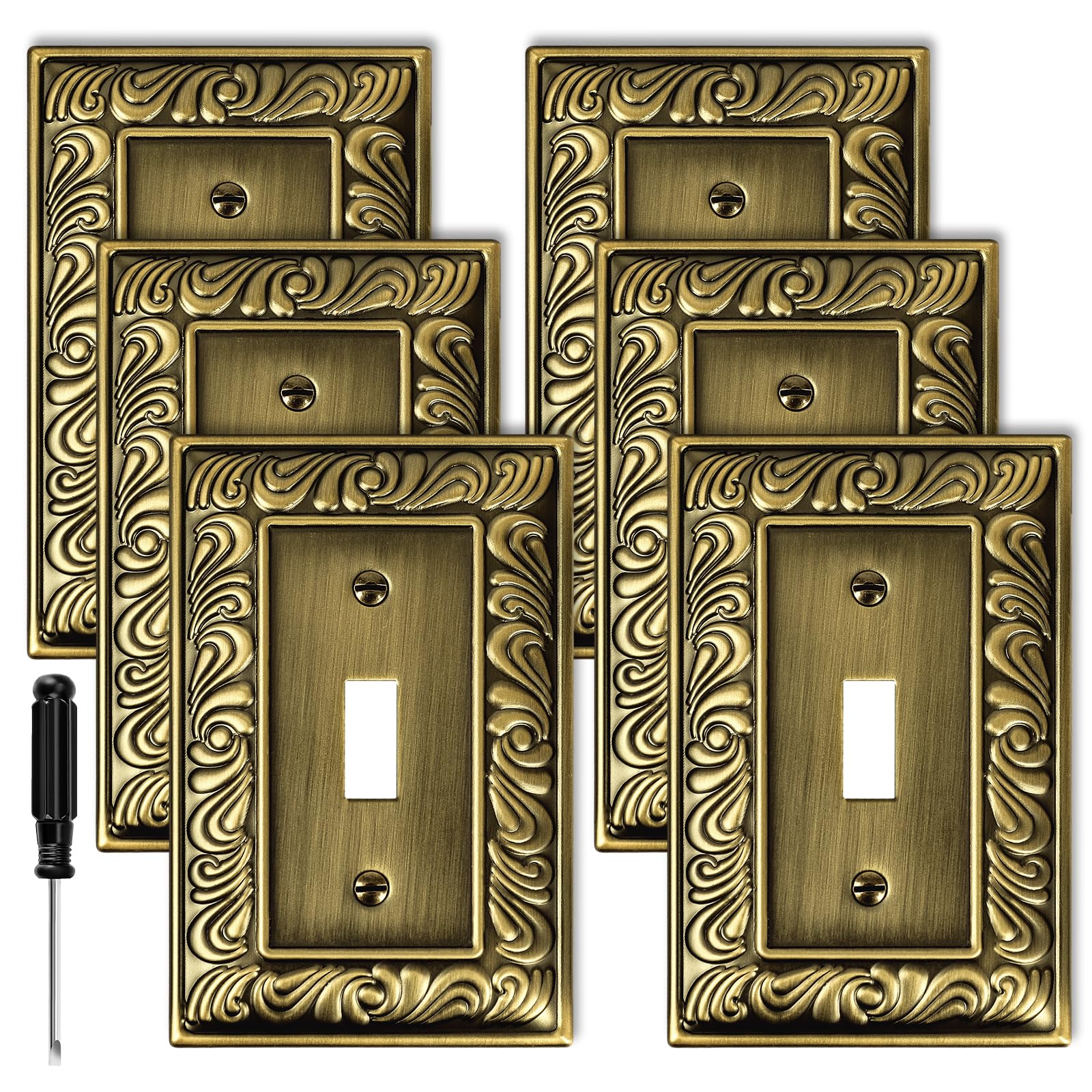 Photo 1 of Antique Brass Light Switch Cover Plate Paisley Pattern Decorative Wall Plate for Light Switch Metal Switch Plates Wall Plates for Kitchen Bathroom (1 Gang Single Toggle-6 Pack)