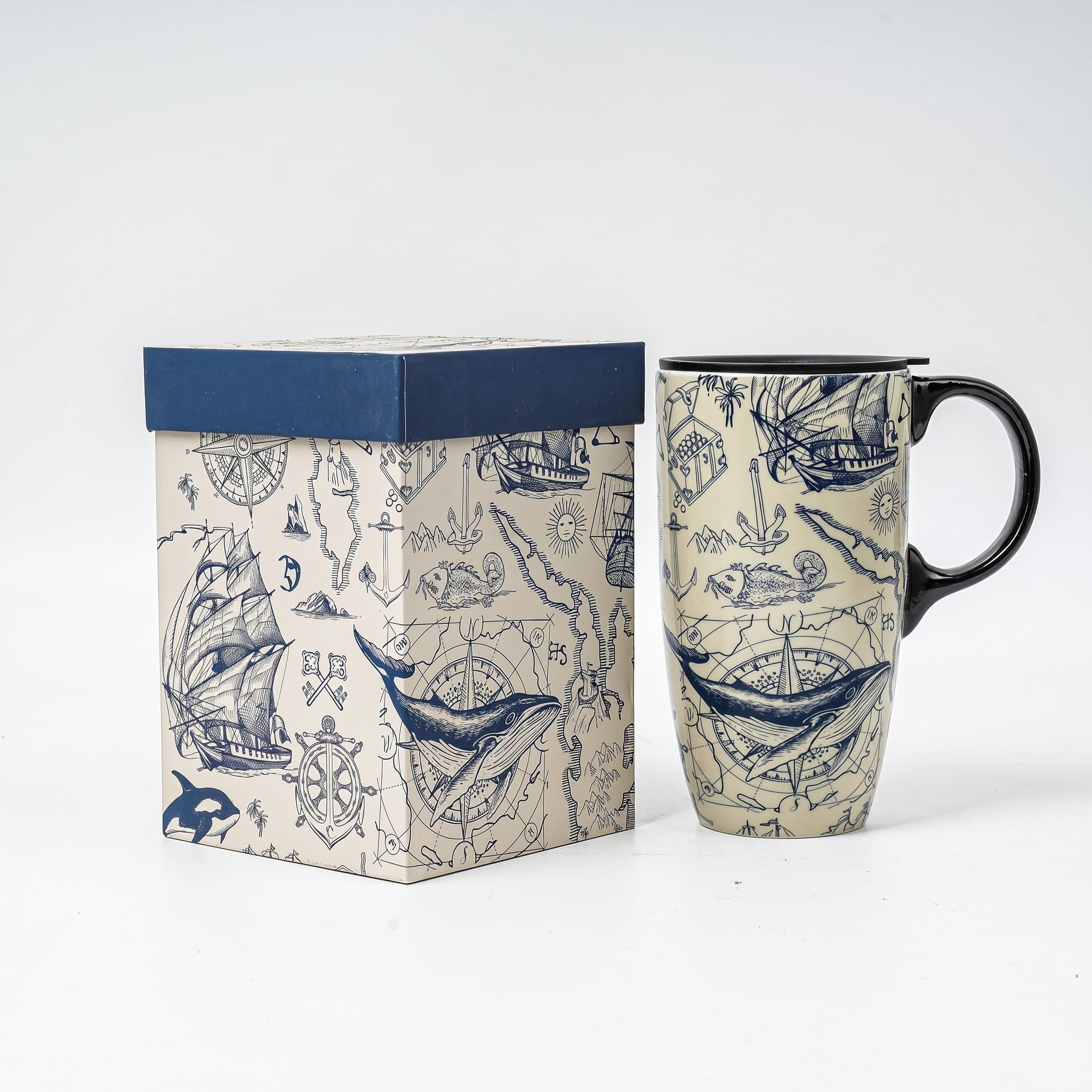 Topadorn Ceramic Travel Mug with Lid and Handle Gift for Coffee Lovers, Large Capacity Ceramic Coffee Mug Latte Teacup Milk Mug in Color Box 17 Oz, Sailboat