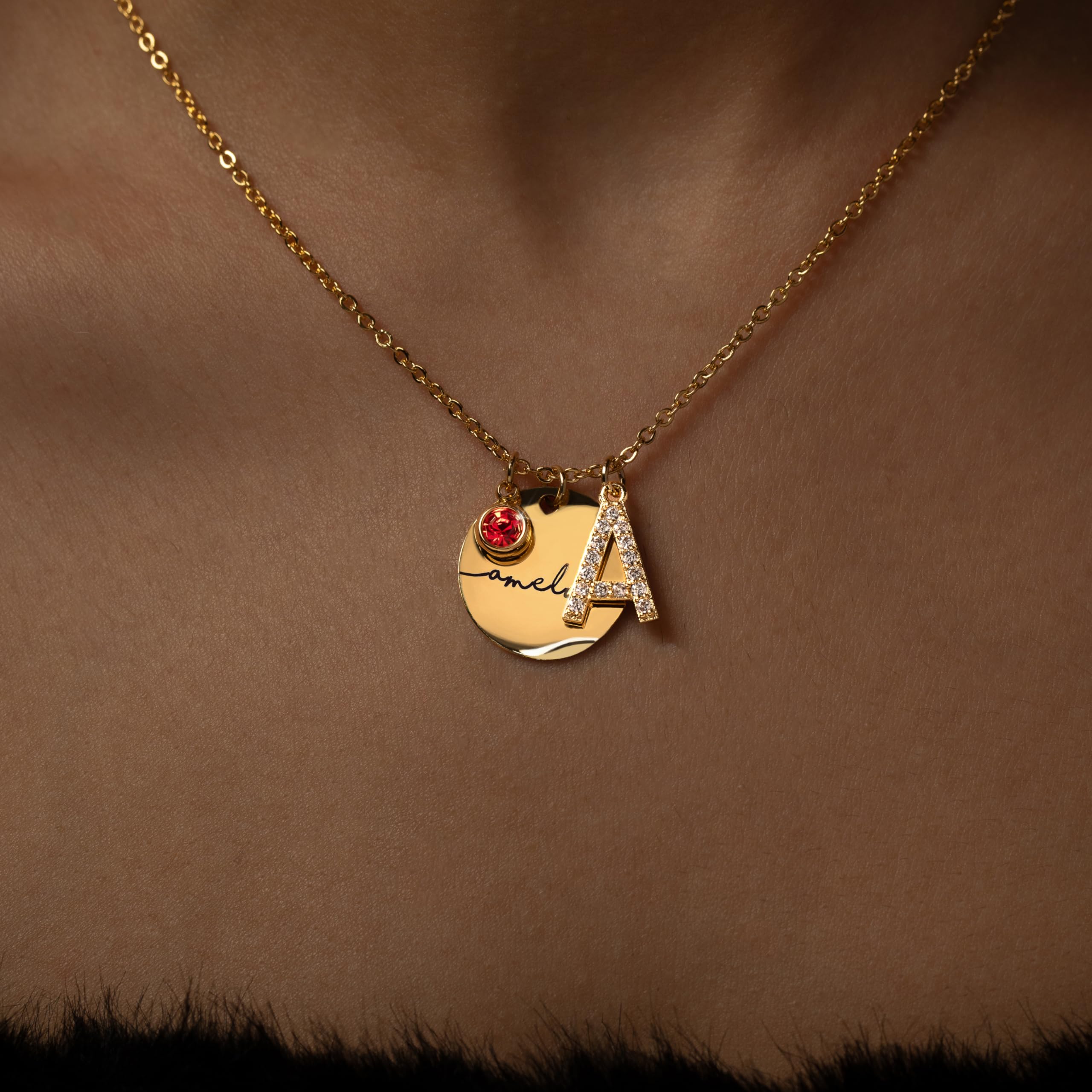 MignonandMignon Birthstone Name Necklace Personalized Gifts for Women Jewelry for Mom Gold Plated Pendant Charm, Custom Grandma Birthday Holiday Gifts -CN-BS-SH