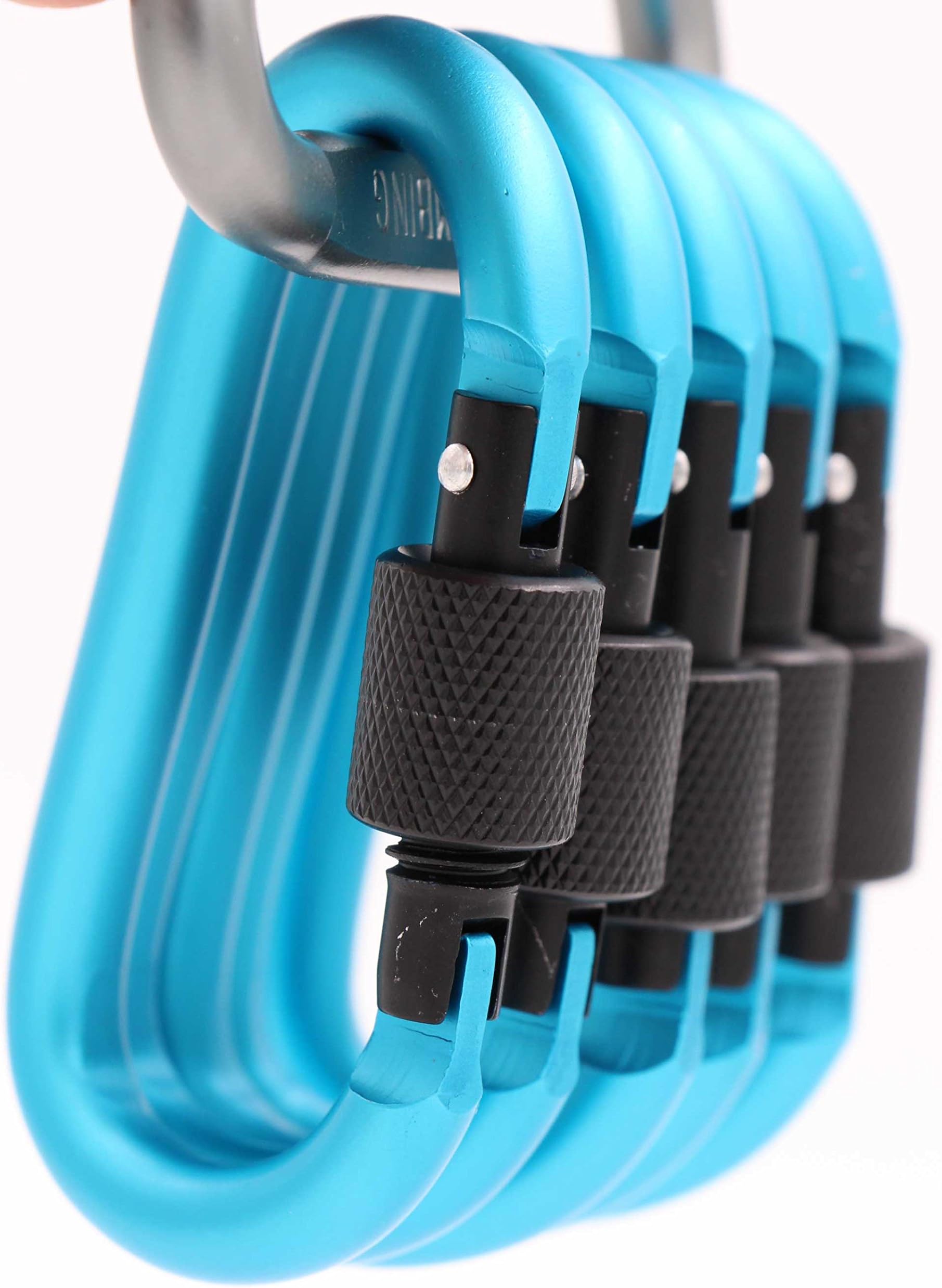 LeBeila Aluminum Carabiner Heavy Duty Climbing Hooks D Shape Buckle Pack Spring Snap Keychain Clip with Screwgate Locking-Outdoor Camping D-Ring Carabiners Hook (Light Blue-5PCS)