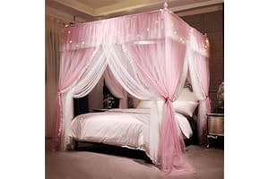 VETHIN 4 Corners Post Ruffle Princess Bed Canopy Curtain-Double Layer Cozy Drape Netting 4 Opening Mosquito Net for Girls Adults Bedroom Decoration (Pink/Whtie, 53" W*78" L*82"*H/(Full))