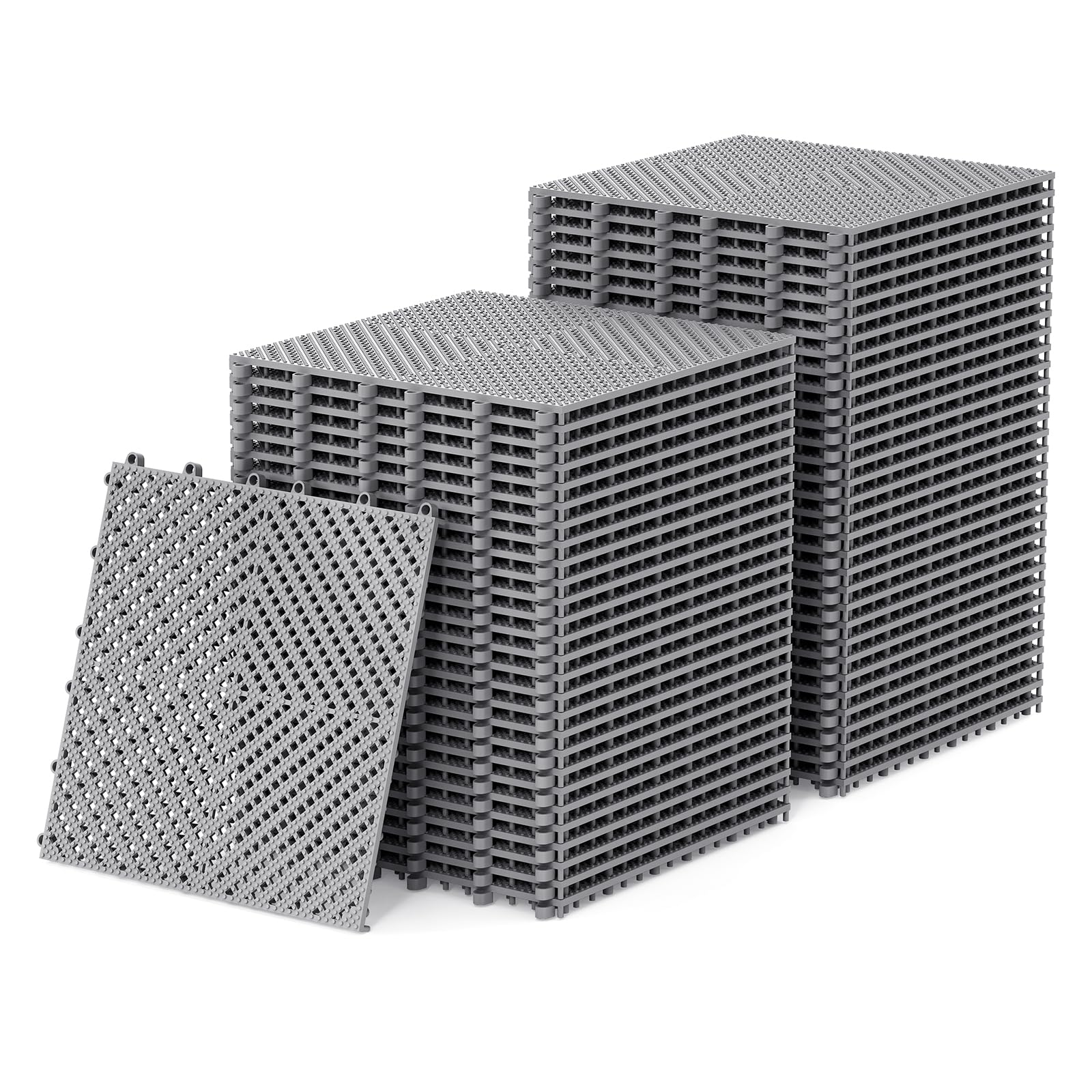 Photo 1 of Jocoevol 60-Pcs Interlocking Tile, Indoor/Outdoor Drainage Interlocking Floor Tiles 11.8" x 11.8", Anti-Slip Waterproof Soft PVC Splicing Flooring Tile for Garage Patio Pool Bathroom, Grey