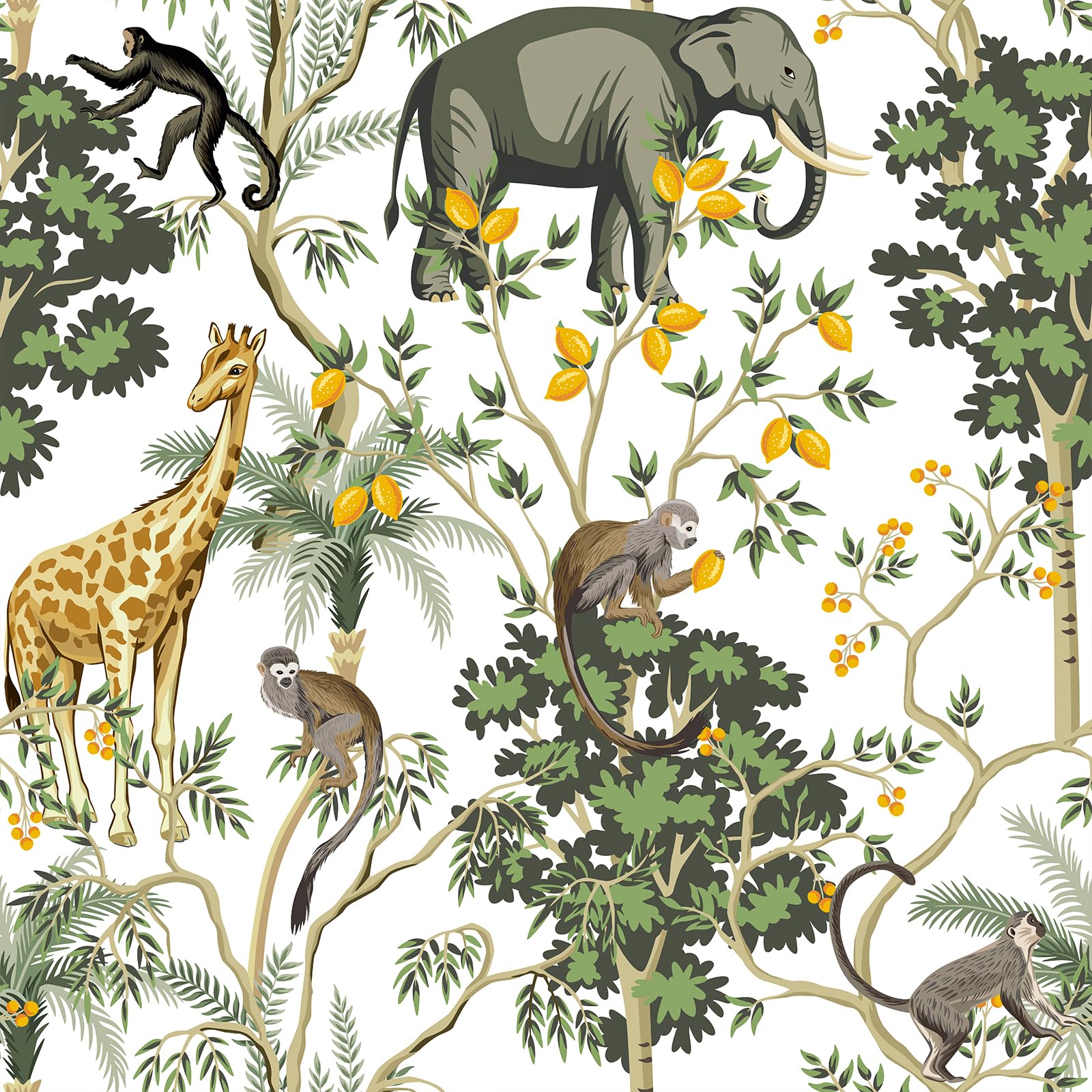 VEELIKE Exotic Safari Wallpaper for Nursery Kids Room White Tropical Wallpaper for Bedroom Living Room Elephant Giraffe Monkey Wall Mural Peel and Stick Animals Jungle Wall Paper 44.5 cm x 300 cm