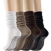 Holaraon 4 Pairs Pilates Grip Socks for Women, Long Non Slip Yoga Sock Calf Socks, Cotton Knee High Scrunch Grippy Socks