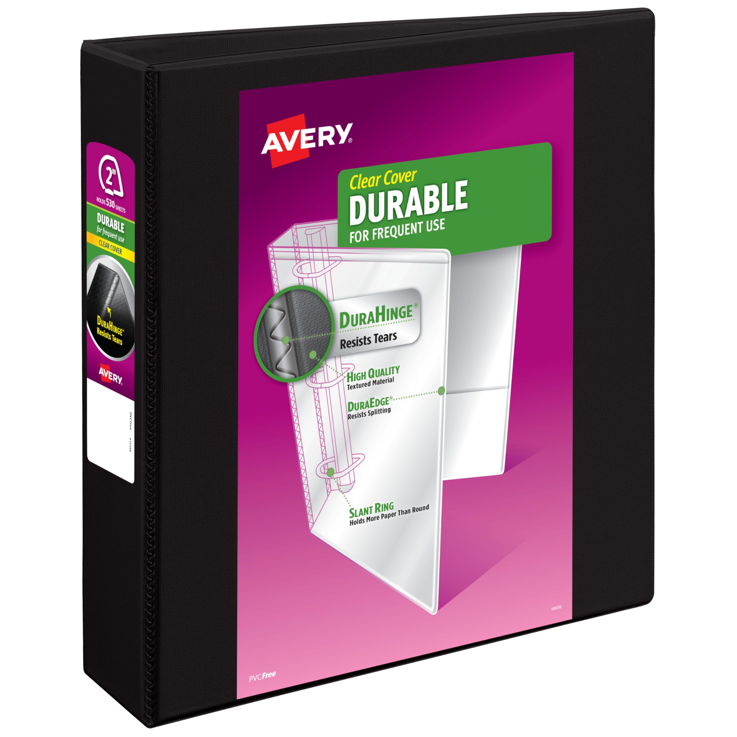 Photo 1 of Avery Durable View 3 Ring Binder, 2 Inch Slant Rings, 530-Sheet Capacity, DuraHinge, 2.8 Inch Wide Spine, Customizable Clear Cover and Spine, 1 Black Binder (17031)