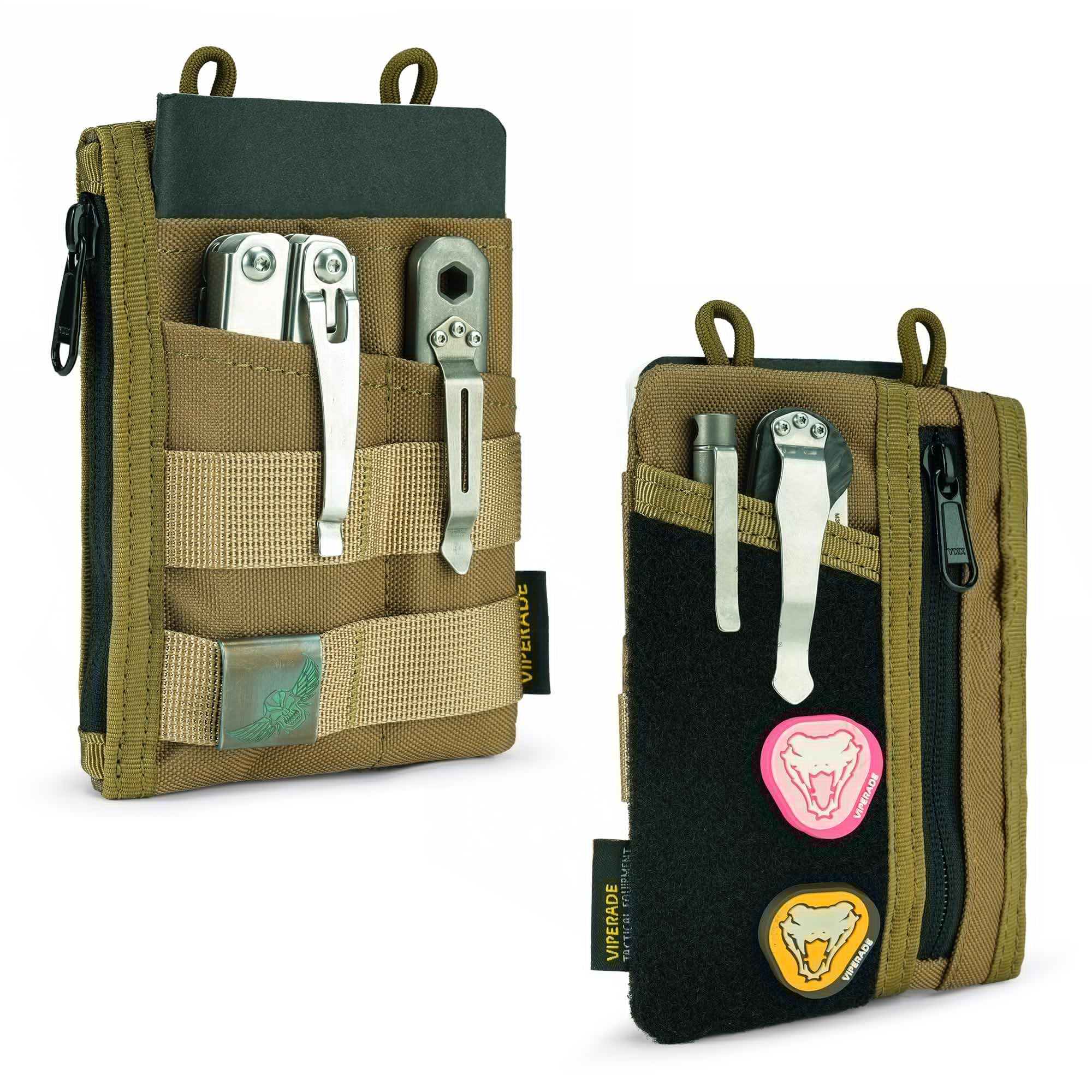 VIPERADE VE18 Small EDC Pouch Tool Organizer, Multifunction Small Tools Pouch with 6 Pockets, EDC Organizer for Men, Mini Pocket Organiser with Patches Area for DIY(Khaki)