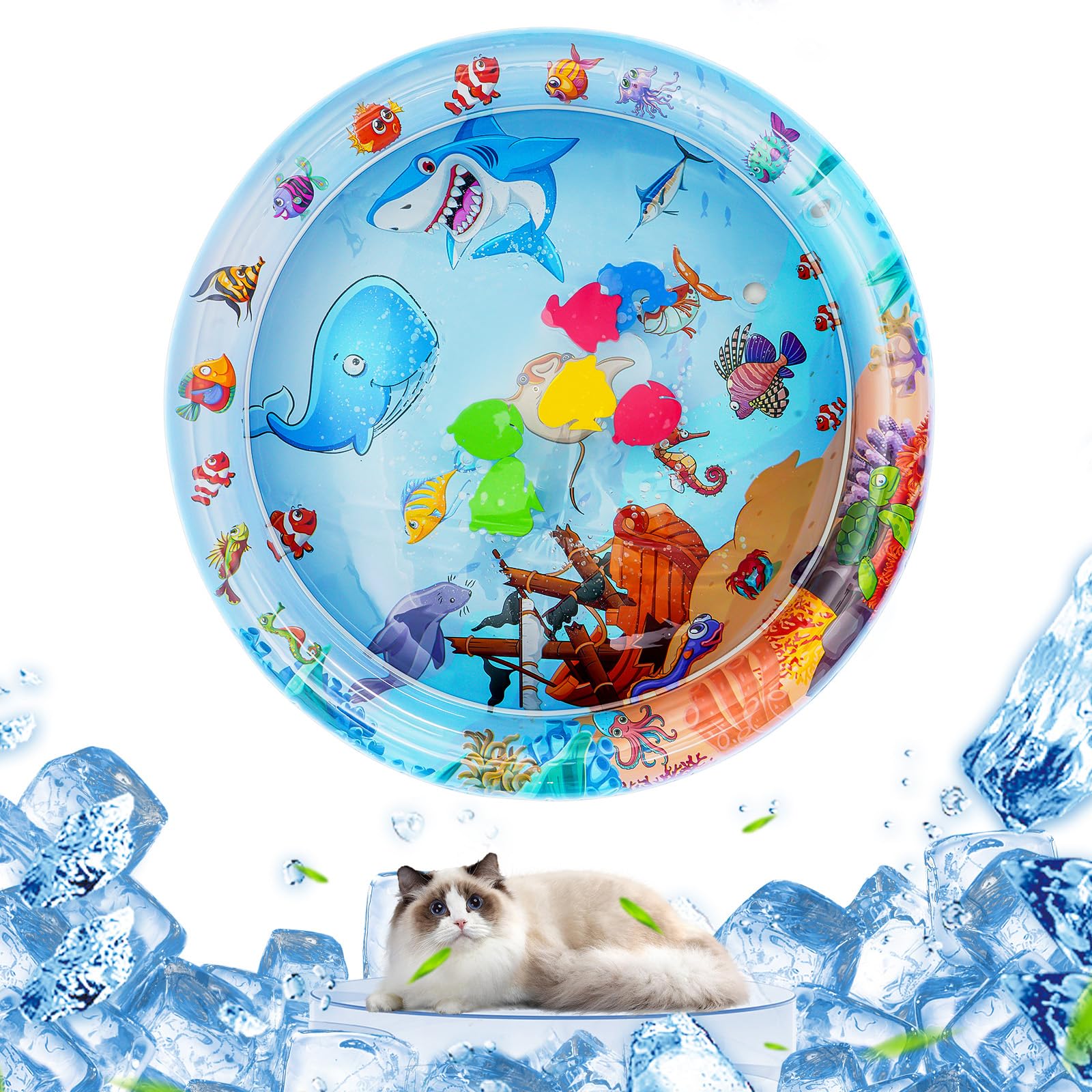 OSDUE Water Sensor Play Mat, Thickened Water Sensor Play Mat for Pets, Cool Comfort Inflatable Water Mat, Interactive Sensory Water Play Mat for Cats Dogs-shark