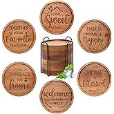 Best House Warming Gifts Acacia Wooden Coasters for Drinks Coffee Table Coaster Set of 6 Pack Farmhouse Decorations Family New Home Housewarming Decor Cute Cup Wood Coasters with Holder