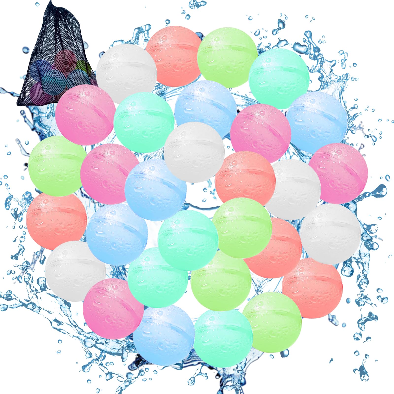 Pilikoll 30 Pcs Reusable Water Balloons for Kids Non-Magnet Self-Sealing Quick Fill Water Balloons with Mesh Bag Summer Silicone Water Balls for Kids,Adults, Beach,Pool Party Beach Water Toys — image 1